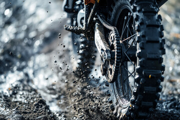 closeup of dirt bikes tire on mud, with splatter