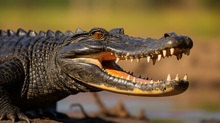 Close-up of a Black Caiman profile with open mouth.