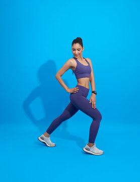 Asian Fitness sporty girl doing stretching workout. Full length shot of young woman warm up exercise isolated on blue background. Stretching and motivation © NaMong Productions
