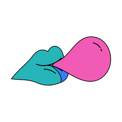 Lips inflating a balloon retro illustration