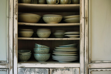 Fototapeta na wymiar distressed cabinet filled with ceramic dishes