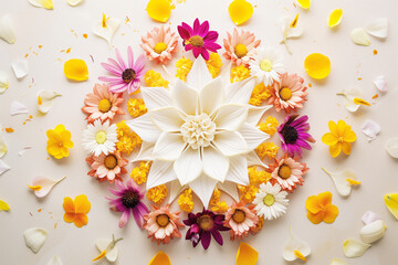 overhead shot of mandala made from natural flowers
