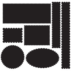 Scallop edge shapes - circle, square, oval, modern brutalism forms. Retro vawe swiss design elements with frill border. Vector illustration of aesthetic futuristic figures. Vector design.