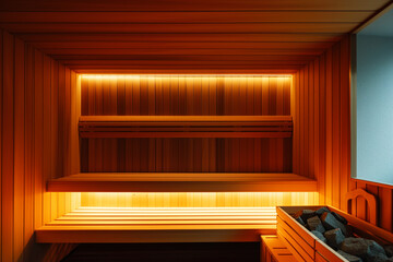 interior shot of sauna spotlighting wooden backrest