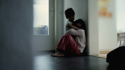 Family Embrace in Difficult Times - Little Brother Consoling Sister in Dark Corridor, Compassionate...