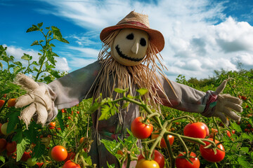 scarecrow with outstretched arms in a field of ripe tomatoes - obrazy, fototapety, plakaty