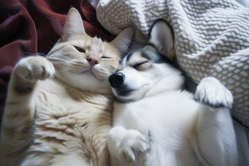 sleepy cat and dog, waking up for a morning selfie