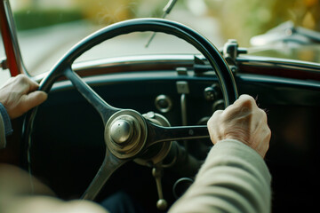 Naklejka premium view over shoulder of a driver gripping a vintage steering wheel