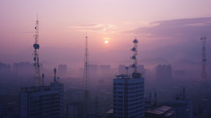 A tranquil city wakes under a pastel sky, punctuated by the silhouette of telecommunication towers