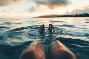 person relaxing in ring, feet visible over the waters surface - Powered by Adobe