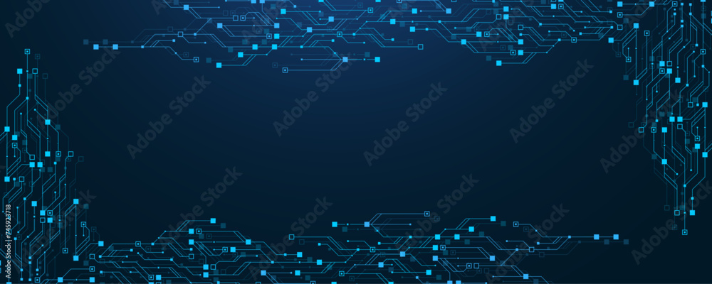 Poster Quantum computer technologies concept. Futuristic blue circuit board background vector. Modern technology circuit board texture background design. Waves flow. Quantum explosion technology.