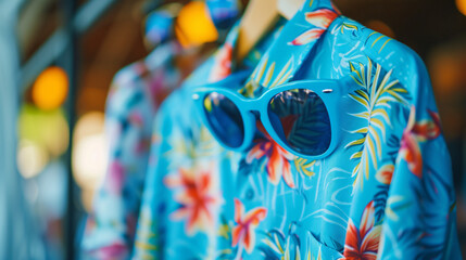 Close-up of blue sunglasses hanging from the Hawai