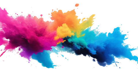 Bright colorful watercolor splash splatter stain brush strokes on white background. Modern vibrant aquarelle spot. Rainbow trendy isolated design on white. Element. Vector watercolor illustration.