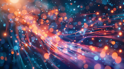 Vibrant abstract image showcasing the dynamic flow of fiber optic lights with a colorful bokeh effect.