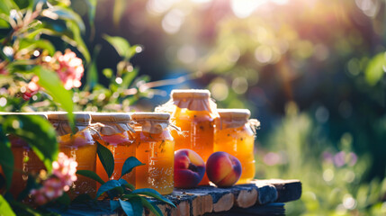 Close-up of peach jam and fresh peach in jars.
