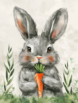 rabbit with carrot illustration (crayons and watercolor style) - Easter bunny on beige pastel background clipart