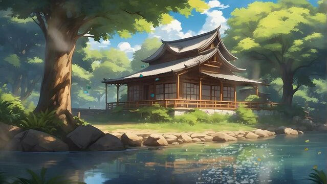painting of a Japanese house in the forest by the river. seamless looping 4k video animation background