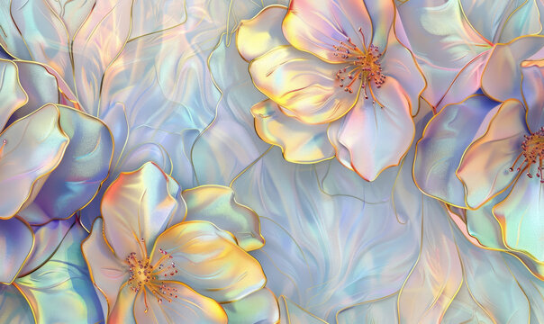elegant holographic art nouveau floral pattern with golden outlines on a soft pastel background