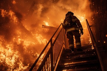 Firefighter in gear ascending stairs with intense flames in the background.