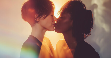 Studio portrait of interracial lesbian couple kissing, gray background, dramatic neon rainbow lights