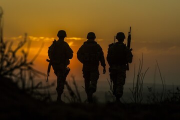 Silhouettes of three soldiers with rifles against a sunset sky.