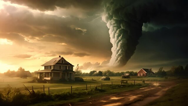 Tornado forming destruction over a populated landscape with a house on it's way