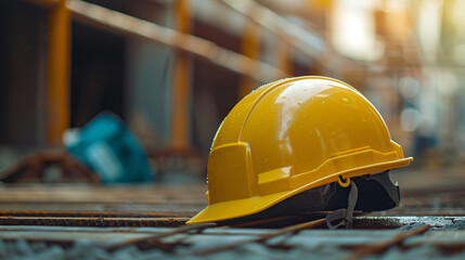 Close up: Construction helmet or hardhat placed.