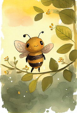 Happy bee watercolor background. AI generated
