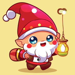cute christmas gnome holding a lantern and jingle bell, wearing red shoes, whimsical, children book style, uhd, high quality, airbrushing, white background, vector illustration kawaii