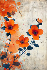 Vintage style orange floral painting. Generative AI. 