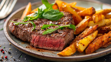 Culinary Indulgence: Medium-Rare Steak and Golden Fries, steak and chips served on a plate with garnish