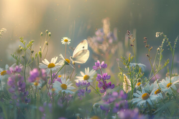 Beautiful wild flowers chamomile, purple wild peas, butterfly in morning haze.