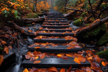 Autumnal Stairway to the Misty Forest, Cascading Stream & Fallen Leaves