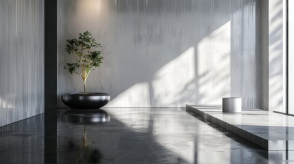 Minimalist interior with a bonsai tree in a bowl on a reflective surface, sunlight casting geometric shadows, embodying tranquility and modern design