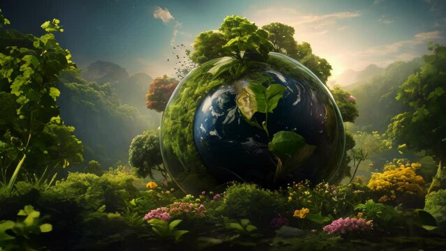 Happy earth day Video animation of artistic representation of Earth, surrounded by lush greenery and blooming flowers, set against a backdrop of towering mountains and a bright sky