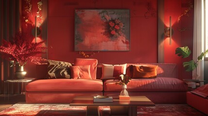 Warmth of an interior bathed in soft red colors, cozy textures and inviting shades envelop the space in a comforting embrace