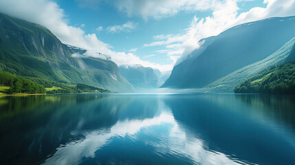 Majestic Norwegian Fjord with Crystal Clear Reflections in Calm Waters.