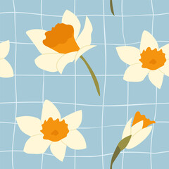 Narcissus Daffodils Seamless Spring Floral Pattern  on Blue Background. Vector Floral Illustration in Vintage Style.
