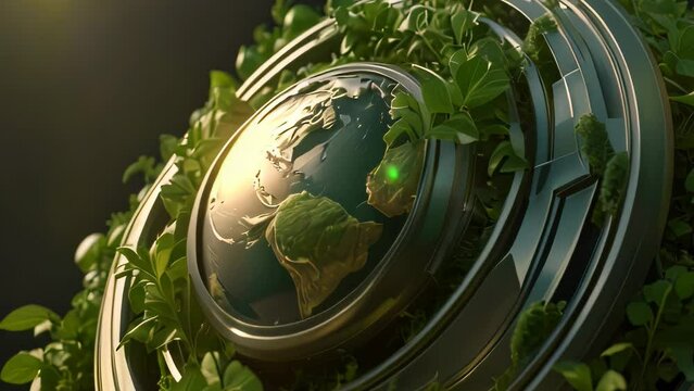 Happy earth day Video animation of metallic representation of Earth, surrounded by circular metal bands and enveloped in green foliage. The Earth is depicted with detailed continents and oceans, refle
