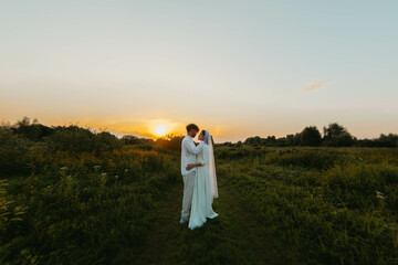 silhouettes of a newlywed couple in love in a field at sunset. Outdoor wedding in summer