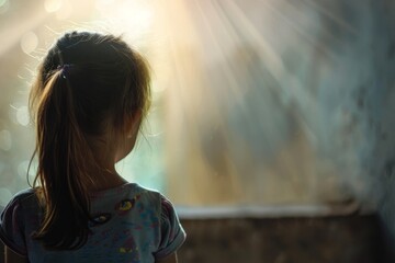 Sun shining on young girl, in the style of god rays, childlike wonder, colorful portraiture, back button focus, International Day of Innocent Children Victims of Aggression.