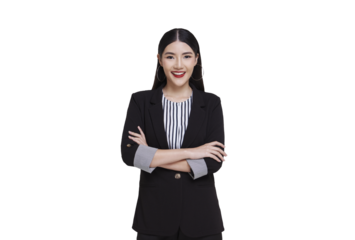 portrait of an attractive asian businesswoman in suit standing with crossed arms and looking camera isolated on transparent png background.