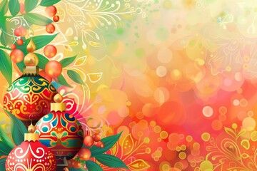 Obraz na płótnie Canvas An abstract background with colorful christmas decoration, in the style of vibrant florals, luminous spheres, eastern orthodox icons, vibrant color gradients