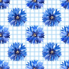 Watercolor cornflowers blue checkered background seamless pattern