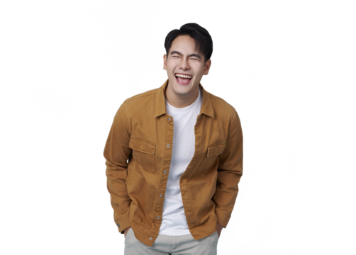 Happy laughing portrait young handsome southeast Asian man isolated on transparent png background.