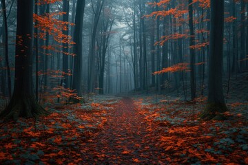 Fototapeta premium Misty Autumn Path Through Deep Teal Forest with Copper Leaves