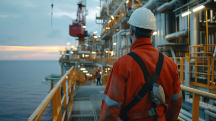 Close-up of offshore oil rig worker walks.