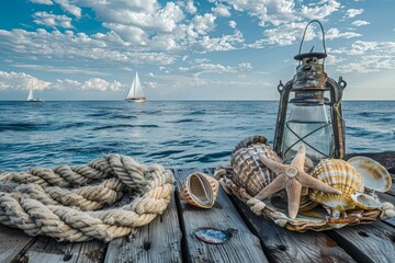 Obraz premium a small wooden dock is decorated with sea shells, in the style of detailed ship sails, Day of the Seafarer.