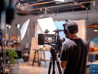 A content creator filming a promotional video for a product launch in a studio