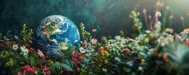 Obraz na płótnie Canvas Happy earth day celebration with beautiful Earth miniature with flowers and leaves all around. Creative concept banner.
